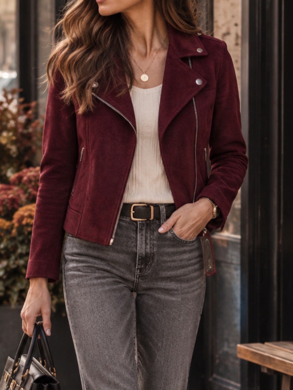 Old Navy Faux Suede Biker Moto Jacket Burgundy Size XS/S